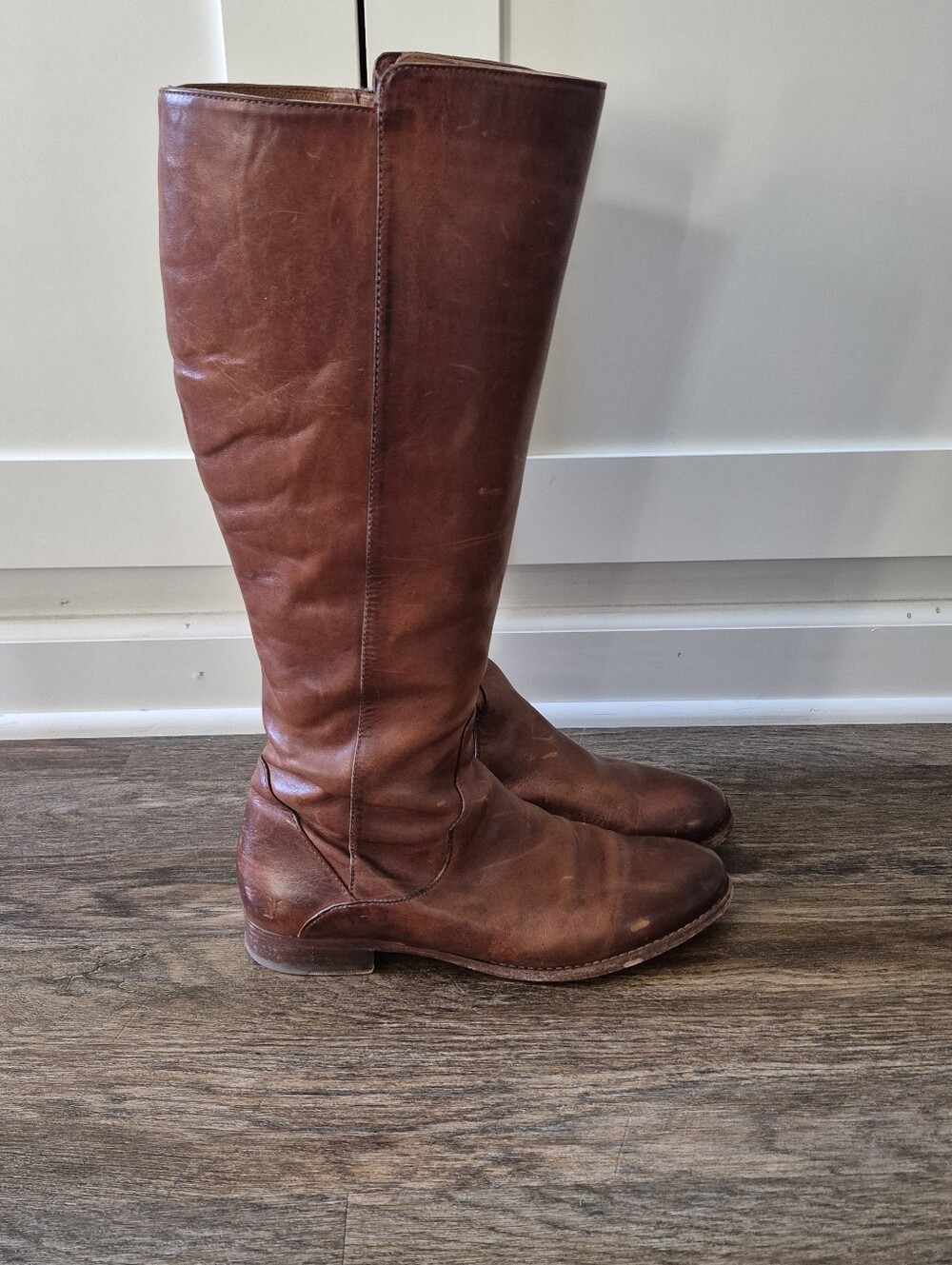 FRYE Cara Tall Cognac Leather Riding Boots Zip Accent Equestrian Size 10B